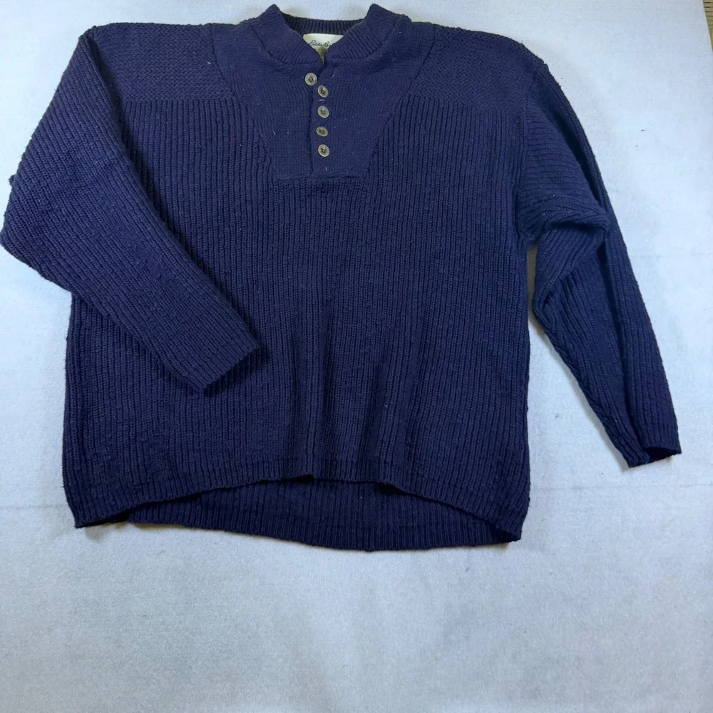 Eddie Bauer Mens XL Navy Blue Cotton Ribbed Knit Henley Pullover Sweater Vintage